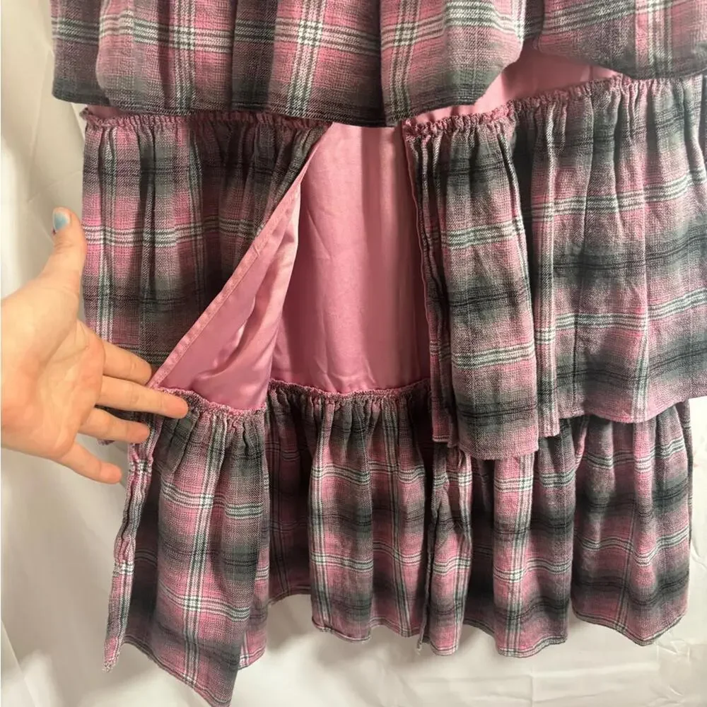 Revolve LIKELY Grey Pink Plaid Ruched Tiered 90’s Babydoll Grunge Midi Skirt M/L